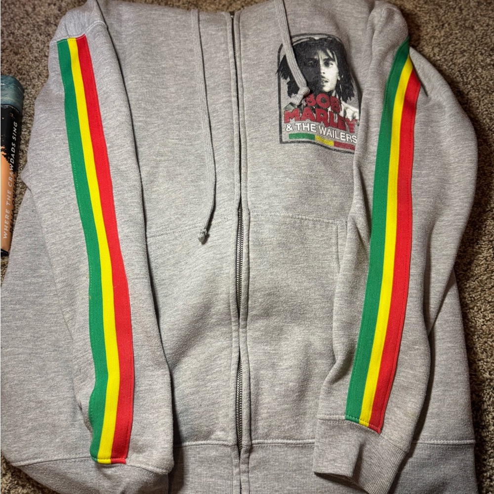 Bob Marley Gray Hoodie with Rasta Stripes